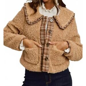 NEW SO ME sherpa fur ruffled collar jacket in brown